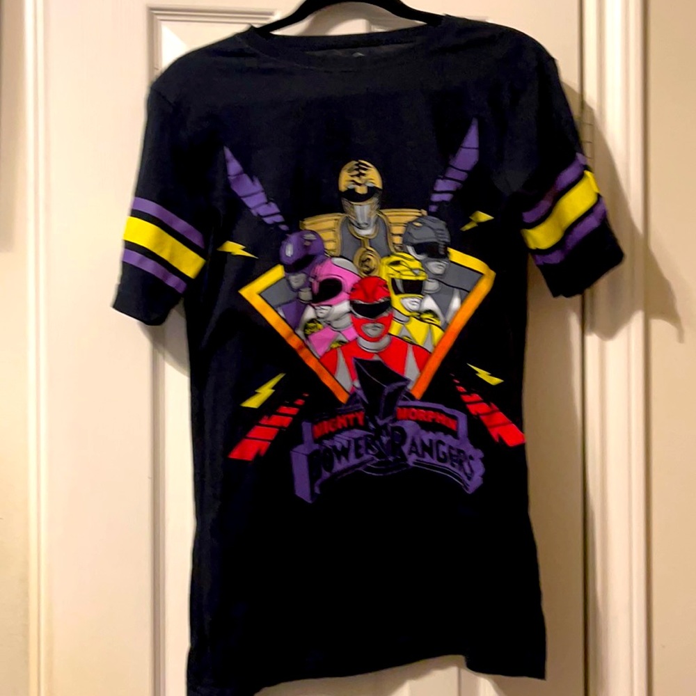 Mighty Morphin Power Rangers Gang Junior Woman’s XL Black T-Shirt w/Striped Arms